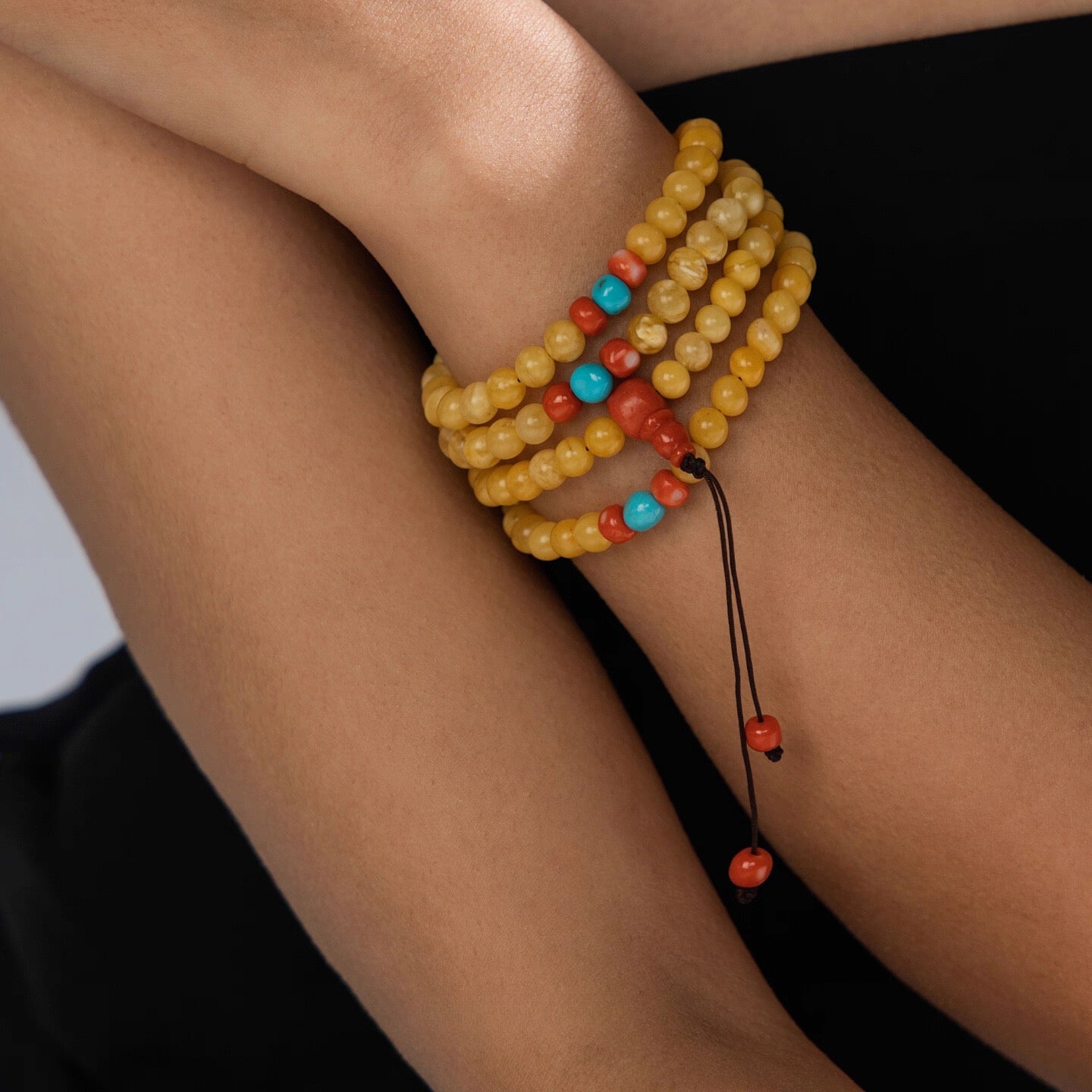 108 Beads Natural Aged Amber Bracelet - Tibetan Style Unique Mala with Coral & Sacred Turquoise Crystal Talisman