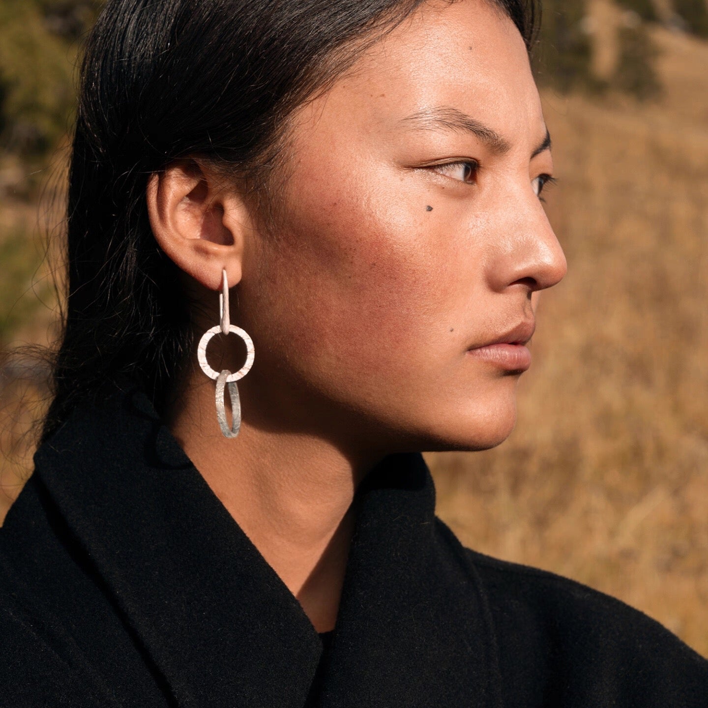 Korakailash Earth Wheel Pure Silver Earrings – Original Tibetan-Style Linked Hoop Dangles