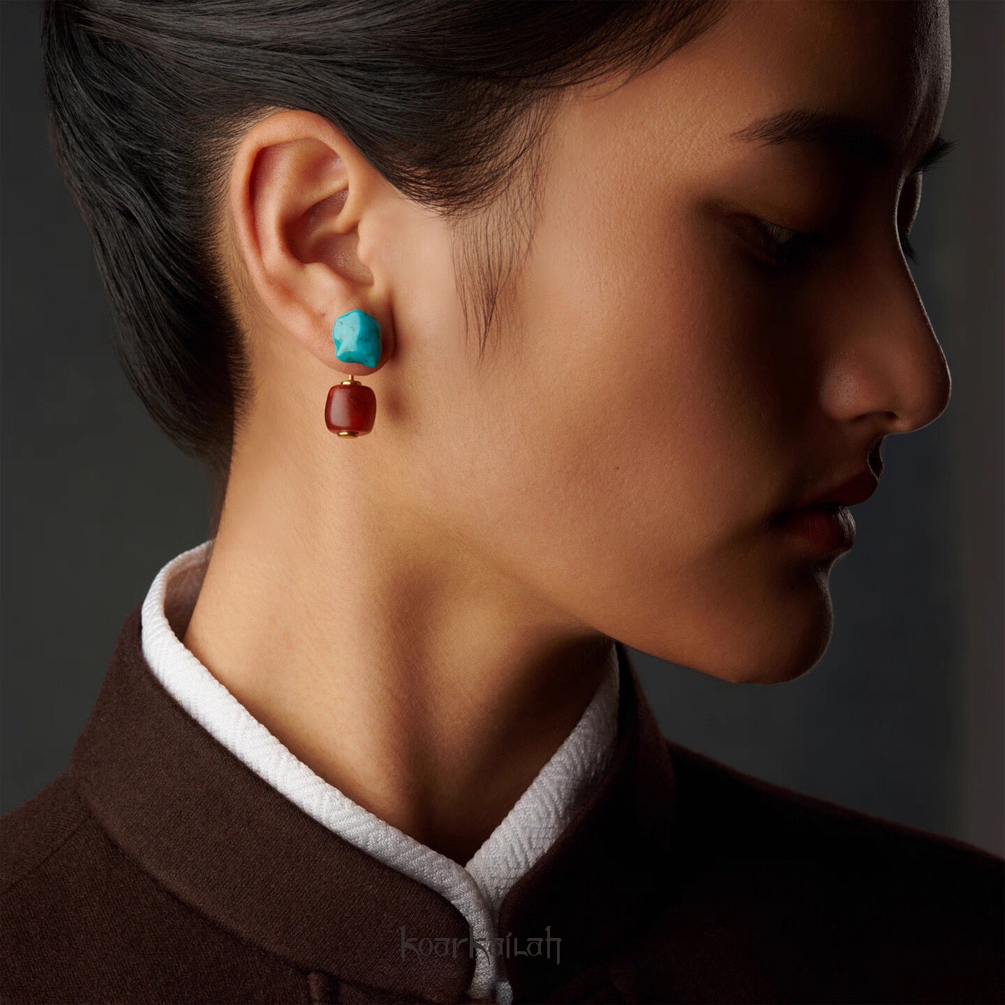 Free-Form Raw Turquoise & South Red Agate Earrings – Original Tibetan-Style Niche Dangle Ear Jewelry for Women