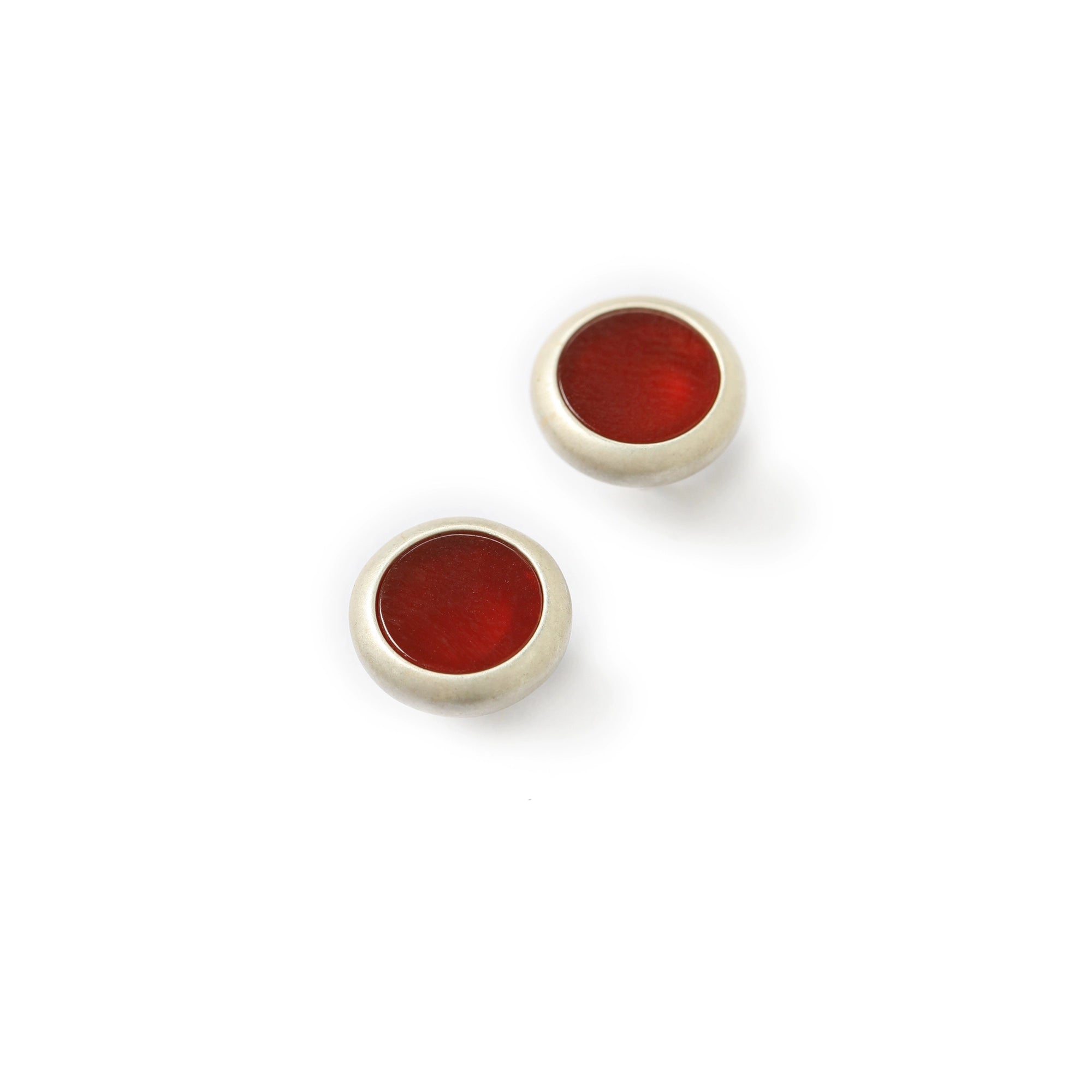 Handmade Textured Matte Disc Stud Earrings – 925 Sterling Silver Minimalist Style | Blue/Red Agate Circular Niche Jewelry