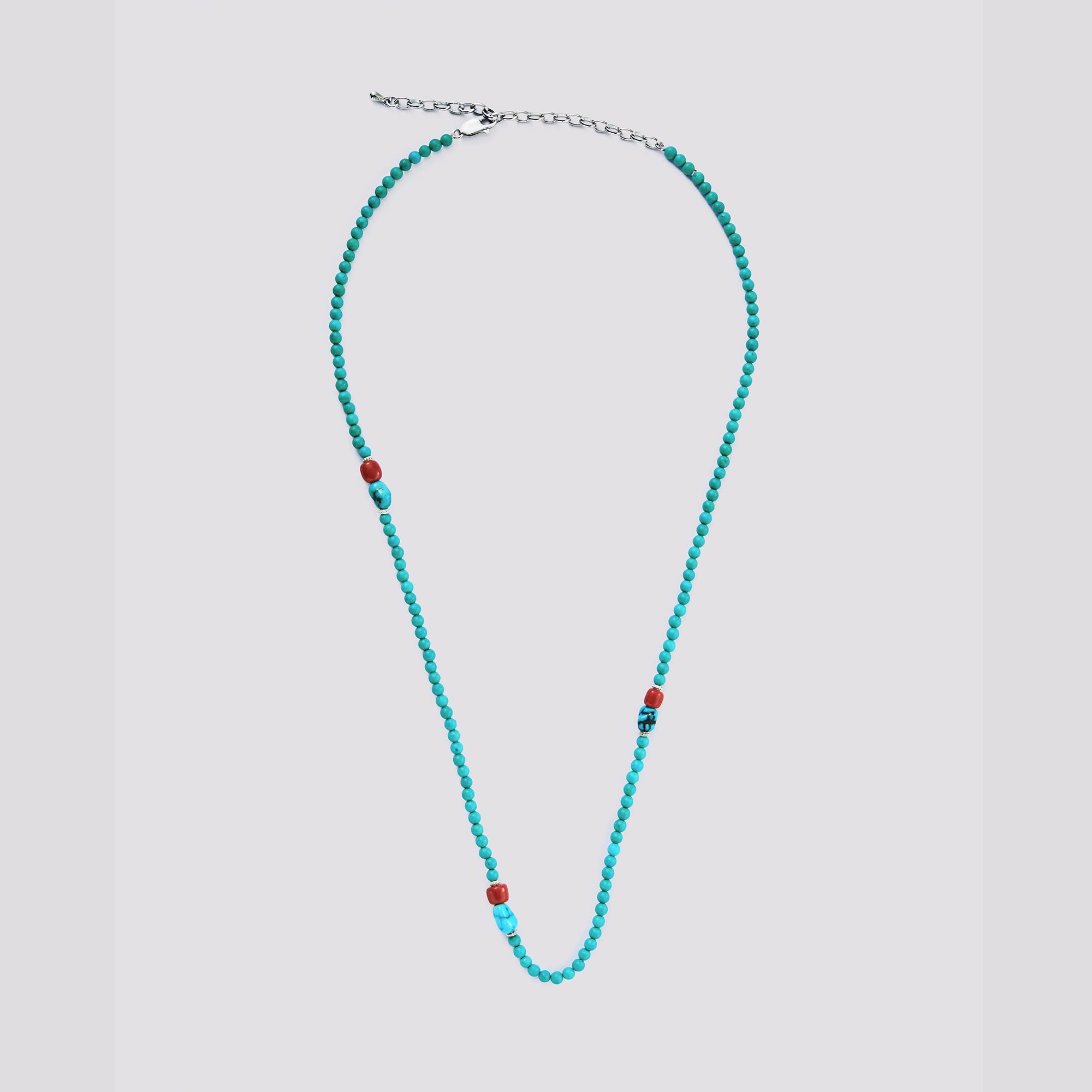Korakailash Dual-Layer Turquoise Necklace – Natural Coral + Pure Silver Accents (Color-Block, Protective Energy, Layered Ethnic Luxury)