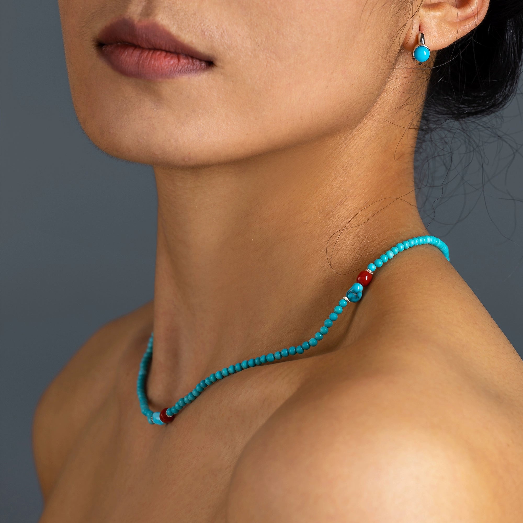 Korakailash Dual-Layer Turquoise Necklace – Natural Coral + Pure Silver Accents (Color-Block, Protective Energy, Layered Ethnic Luxury)