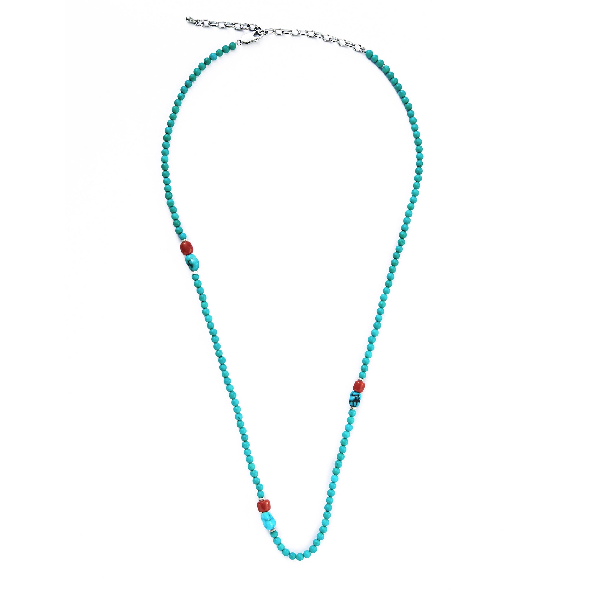Korakailash Dual-Layer Turquoise Necklace – Natural Coral + Pure Silver Accents (Color-Block, Protective Energy, Layered Ethnic Luxury)