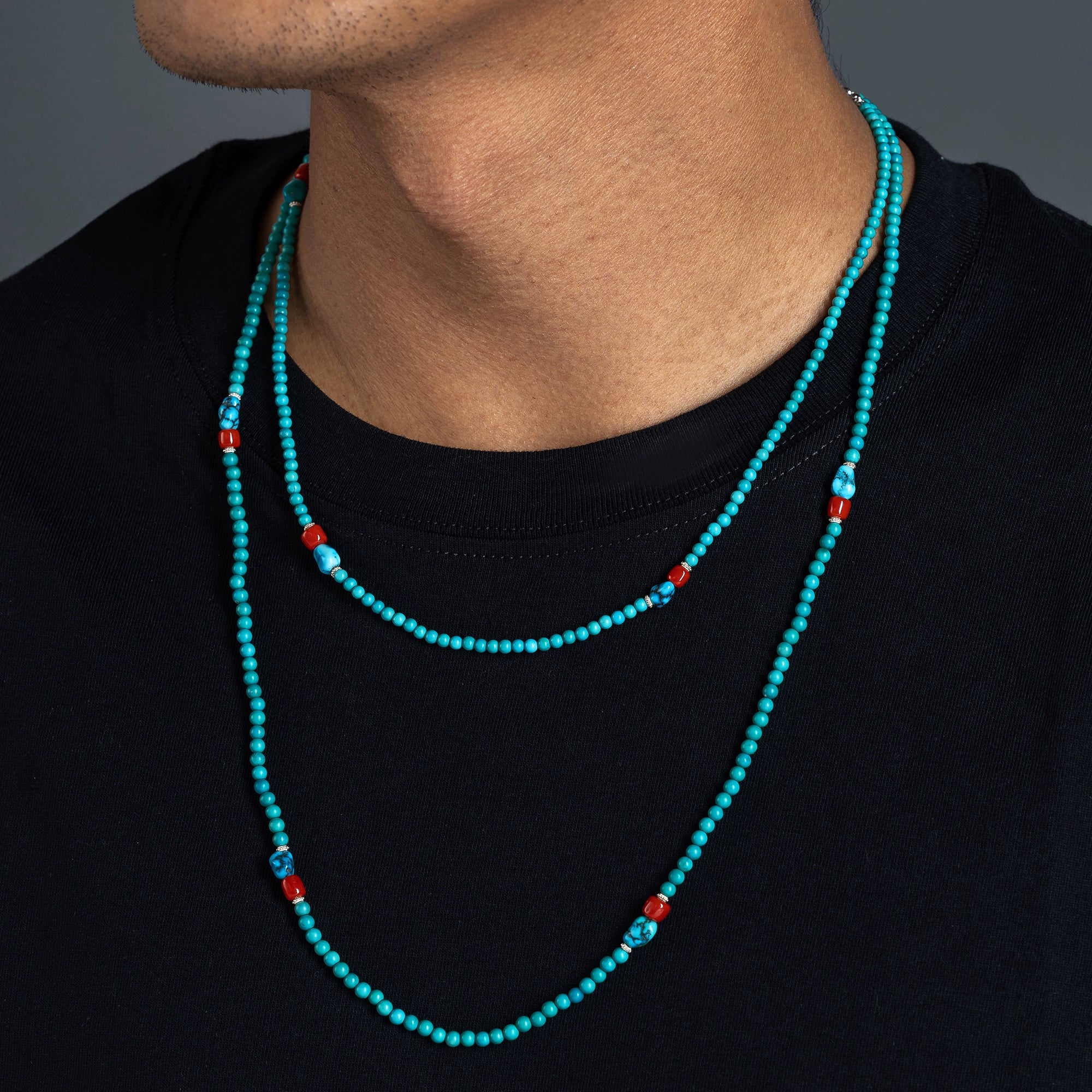 Korakailash Dual-Layer Turquoise Necklace – Natural Coral + Pure Silver Accents (Color-Block, Protective Energy, Layered Ethnic Luxury)