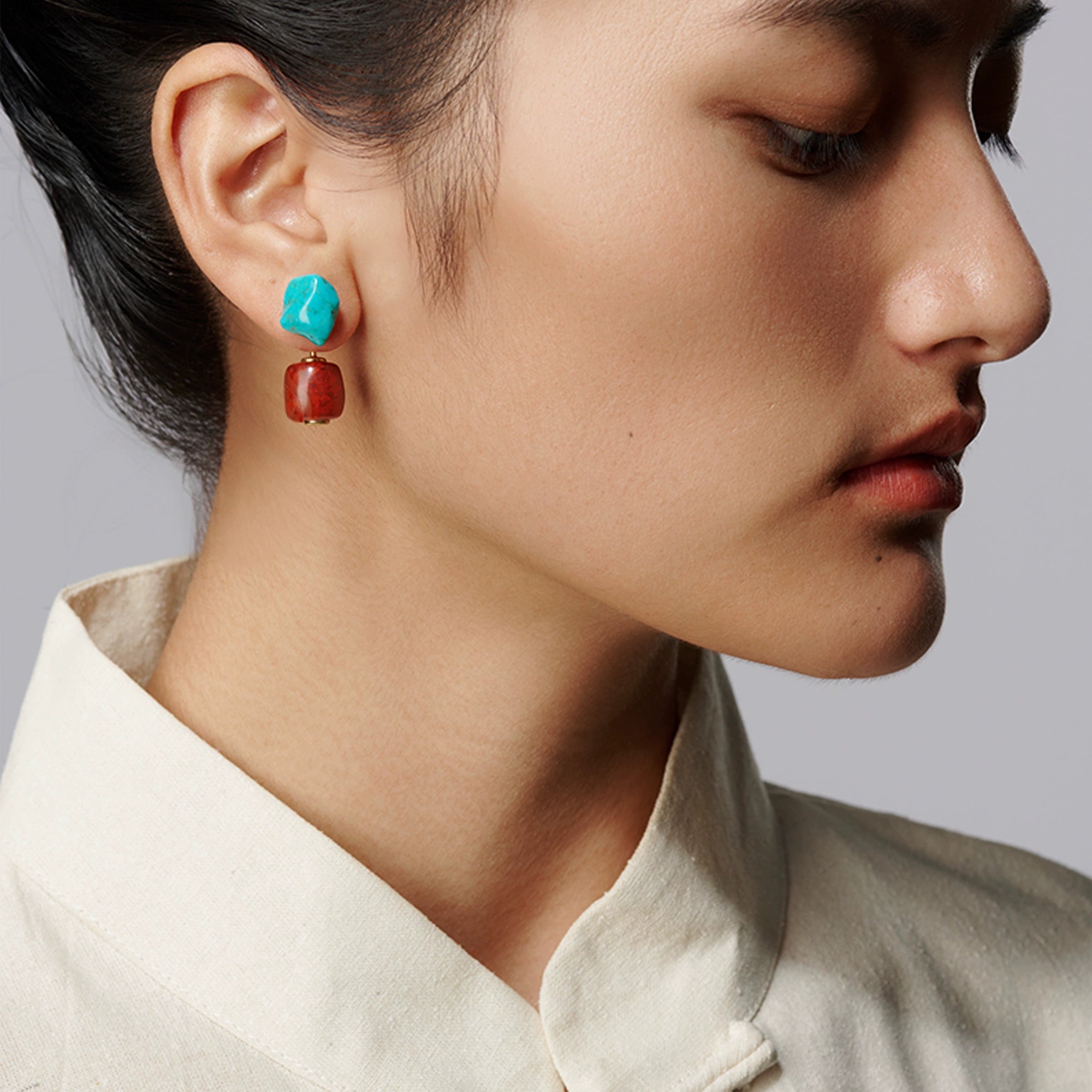 Free-Form Raw Turquoise & South Red Agate Earrings – Original Tibetan-Style Niche Dangle Ear Jewelry for Women