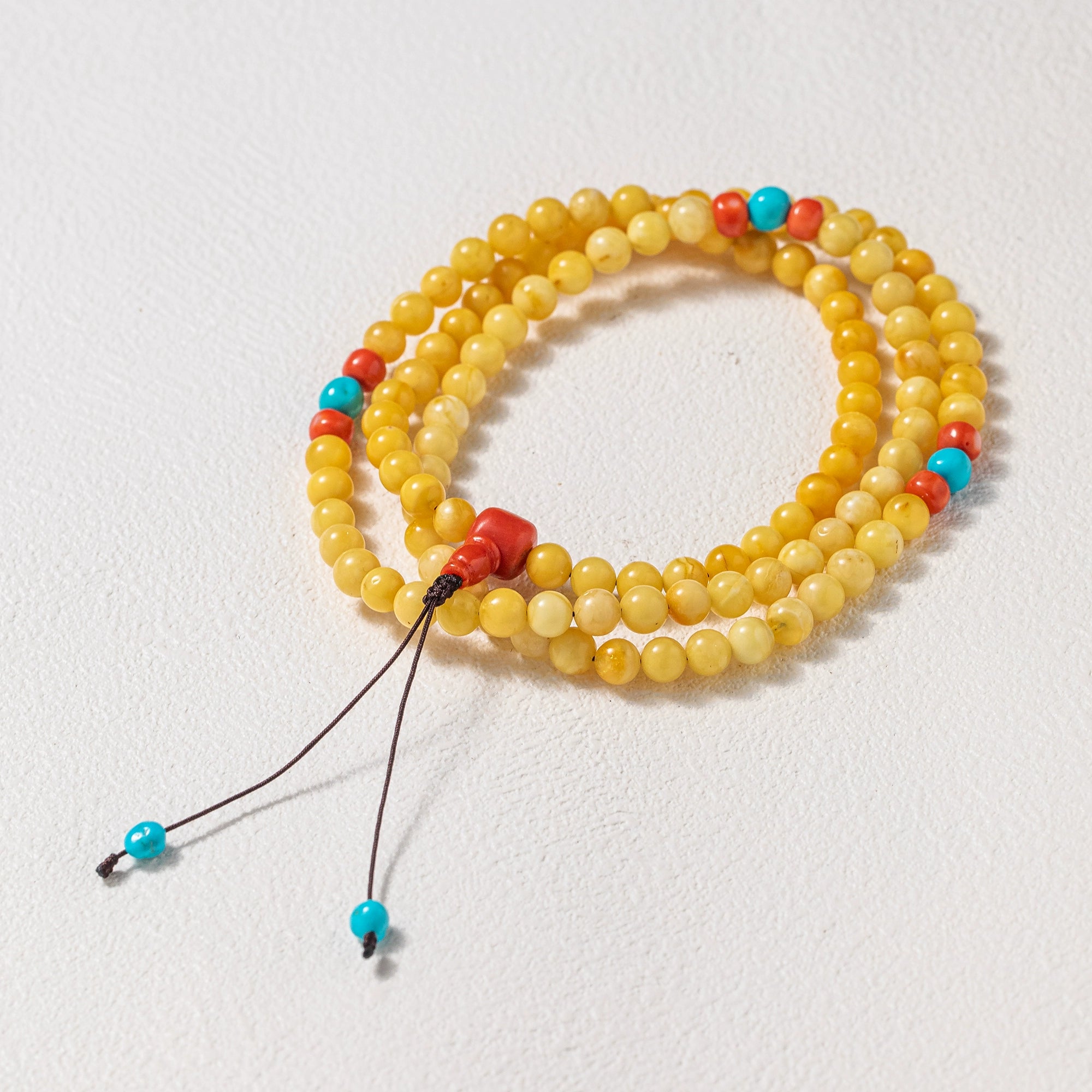 108 Beads Natural Aged Amber Bracelet - Tibetan Style Unique Mala with Coral & Sacred Turquoise Crystal Talisman