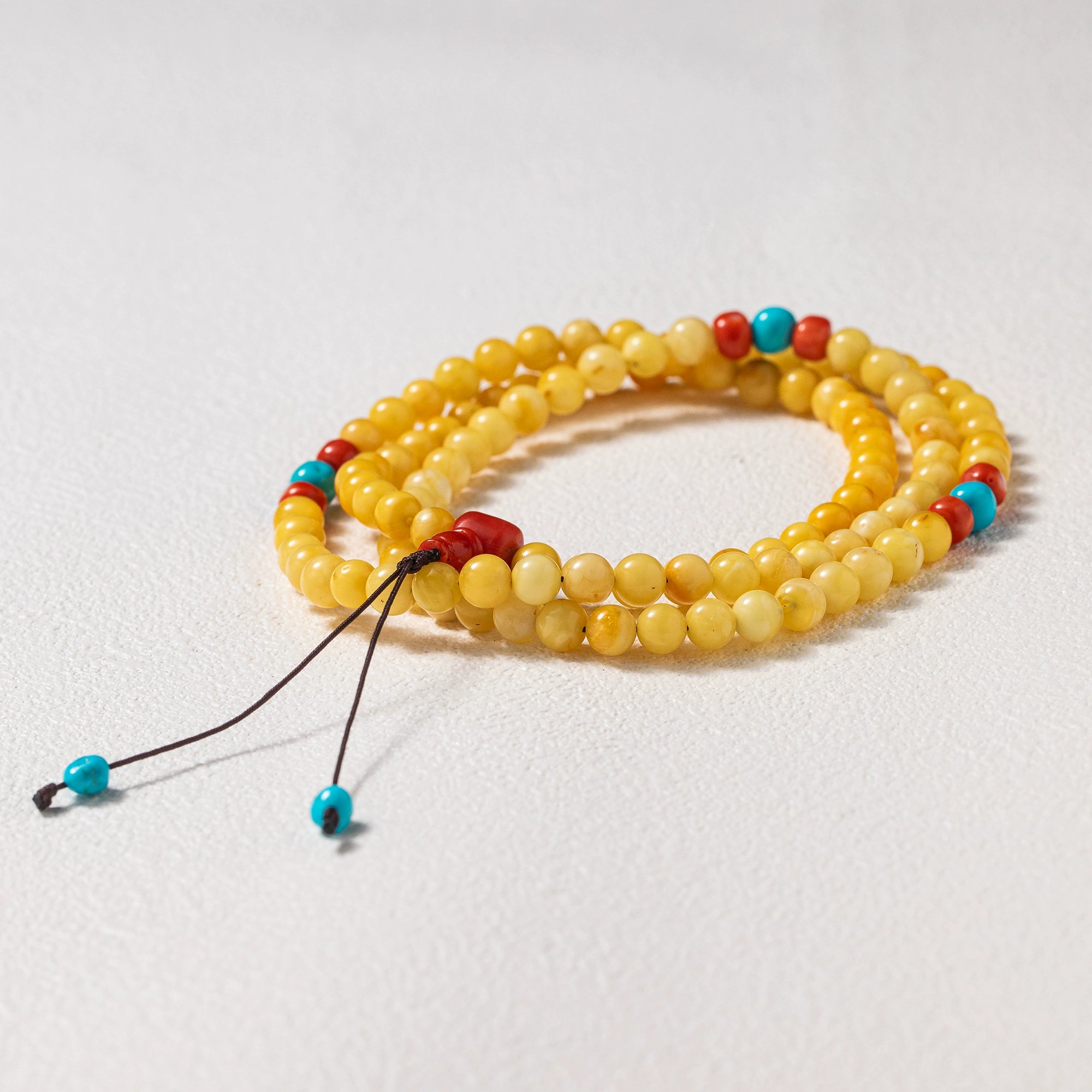 108 Beads Natural Aged Amber Bracelet - Tibetan Style Unique Mala with Coral & Sacred Turquoise Crystal Talisman