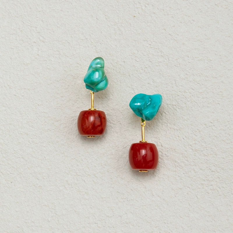 Free-Form Raw Turquoise & South Red Agate Earrings – Original Tibetan-Style Niche Dangle Ear Jewelry for Women