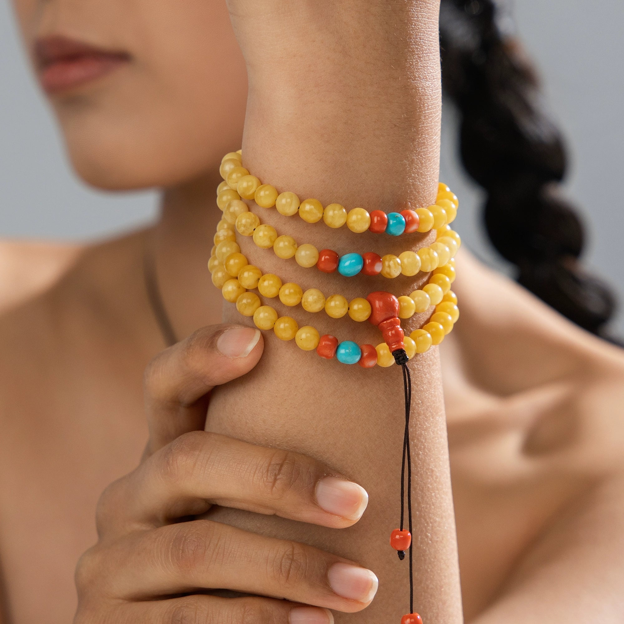 108 Beads Natural Aged Amber Bracelet - Tibetan Style Unique Mala with Coral & Sacred Turquoise Crystal Talisman