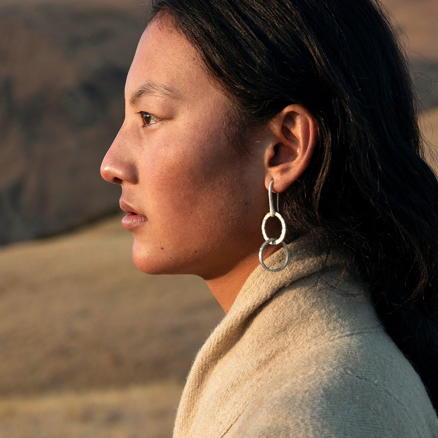 Korakailash Earth Wheel Pure Silver Earrings – Original Tibetan-Style Linked Hoop Dangles