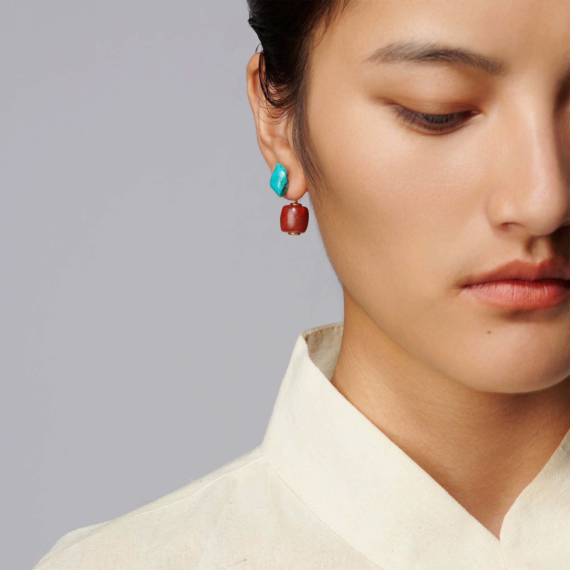 Free-Form Raw Turquoise & South Red Agate Earrings – Original Tibetan-Style Niche Dangle Ear Jewelry for Women